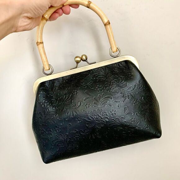 Genuine Leather Embossed Floral Lace, Real Bamboo Handle Bag & Small Clutch Set - Picture 3 of 16